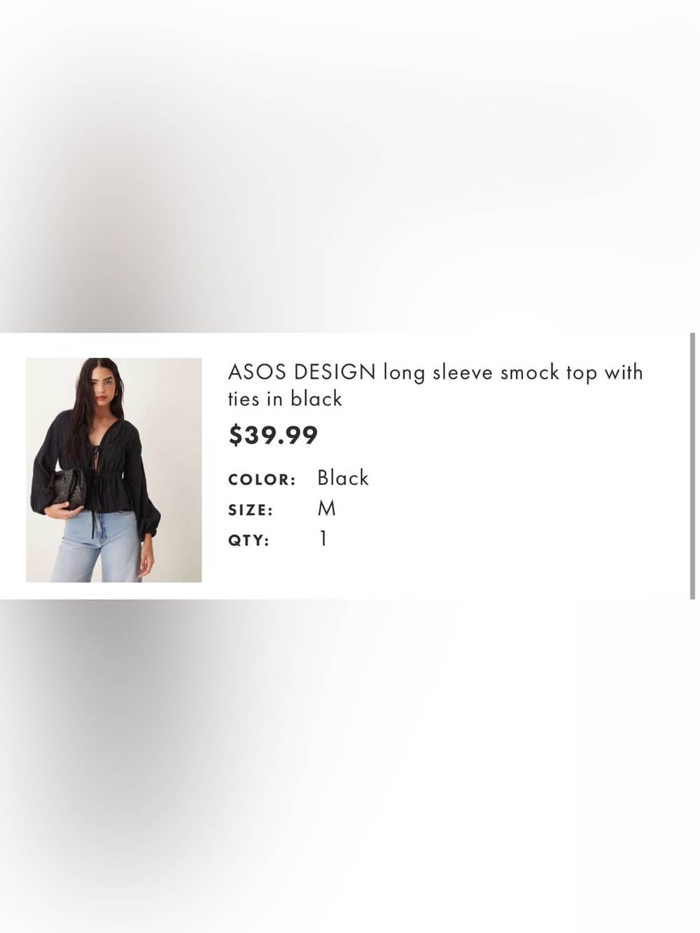 ASOS DESIGN Long Sleeve Smock Top with Ties in Black. 100% Cotton